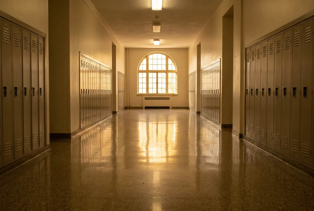 School hallway with a high gloss floor after strip and wax